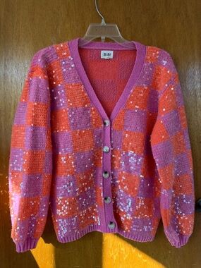 BiBi Pink and Orange Sequin Checkered Cardigan